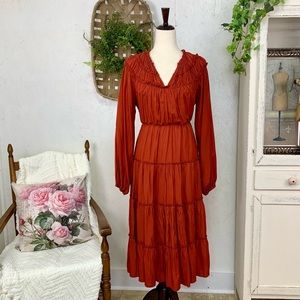 Entro Tiered Long Sleeve V-Neck Midi Dress with Ruffle Detail